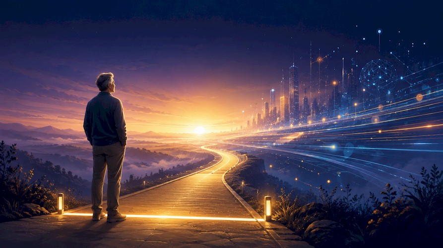 A calm person standing at a glowing starting line, looking toward an AI future.