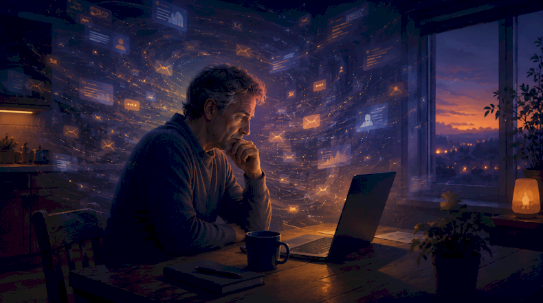 A person feeling overwhelmed by the fast-moving world of AI, surrounded by digital noise.