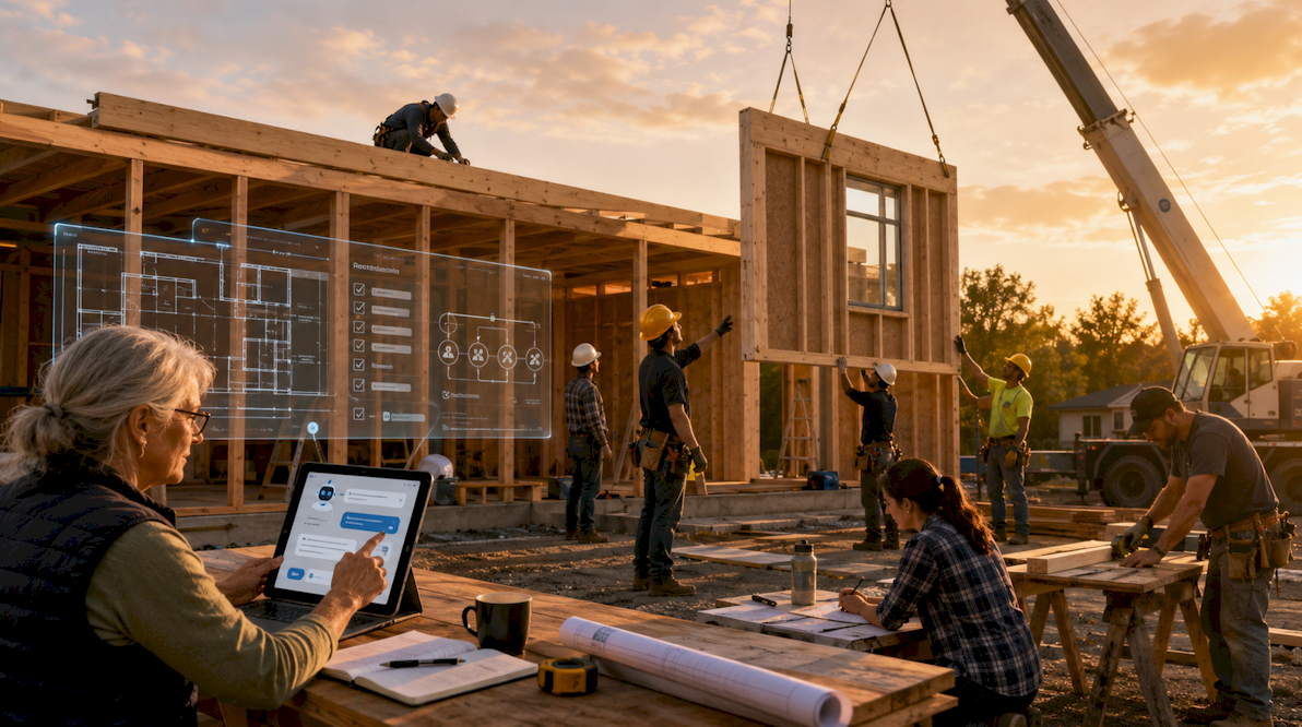 A practical construction scene showing people improving a tool while learning and growing themselves.